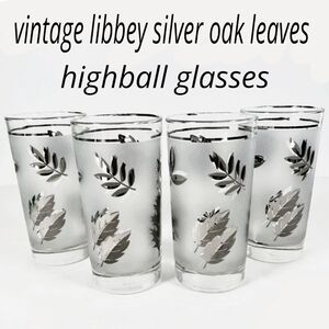 4 Libbey/ Federal frosted & Metallic Silver Oak Leaves Highball Glasses 5.5" H